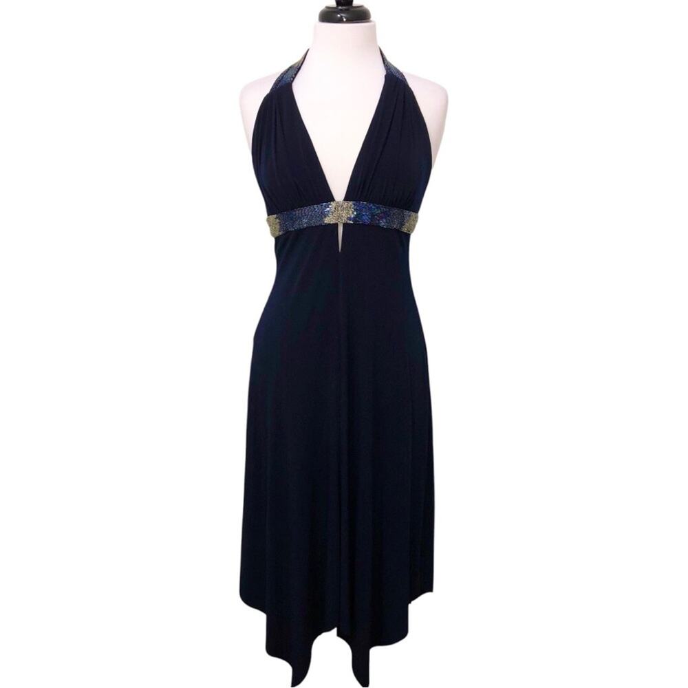 Cache Midnight Blue Beaded Halter Handkerchief Hem Dress 12 EUC
